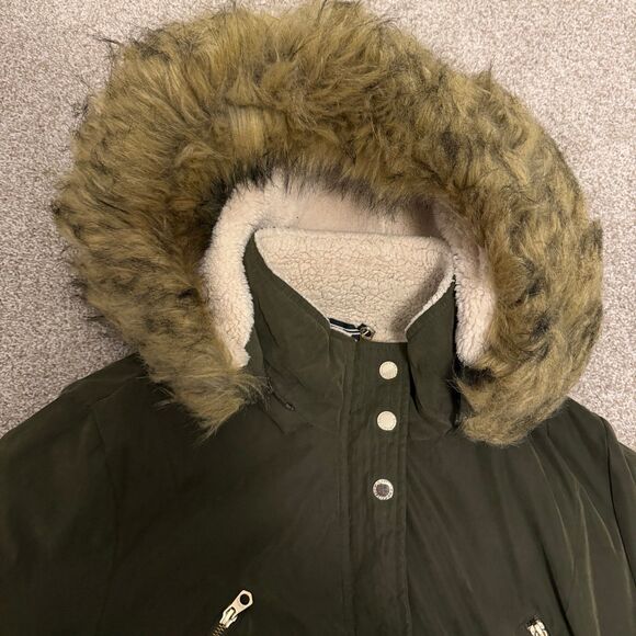 Nautica Drawstring Waist Parka Jacket Removeable Faux Fur Hood Olive Size XL - Picture 2 of 12